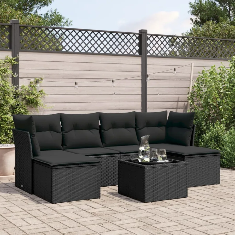 Salon de jardin 7 pcs avec coussins noir résine tressée 62 x 62 x 69 cm - 56,0 kg