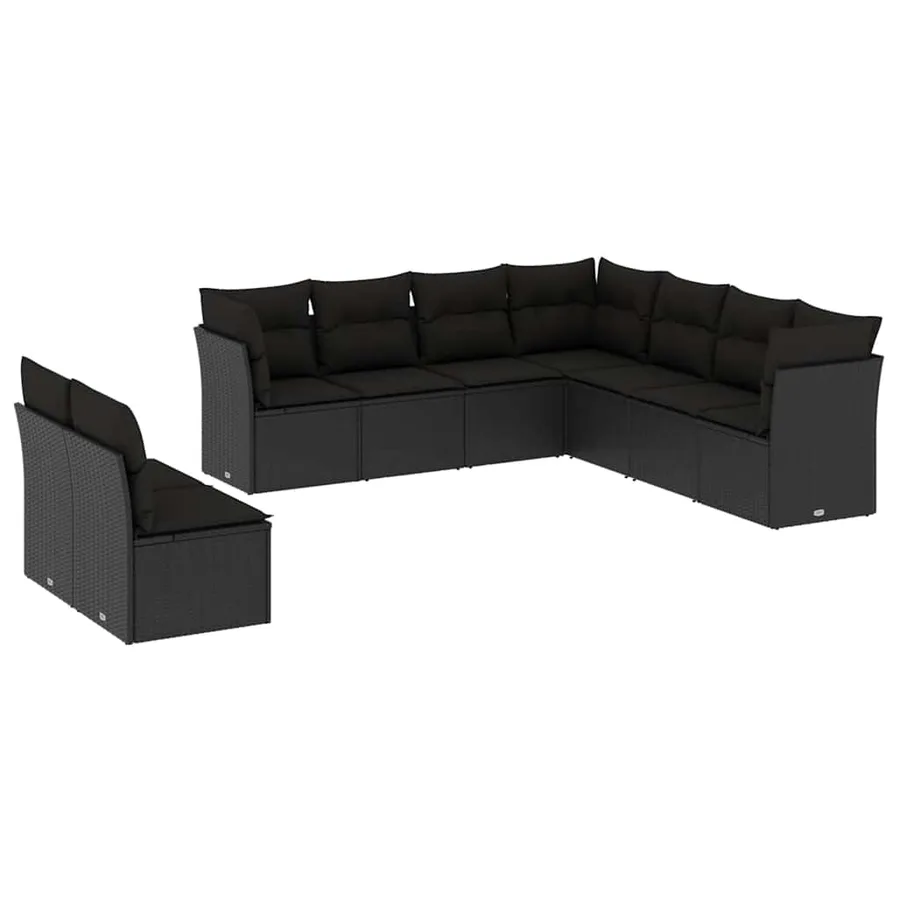 Salon de jardin 9 pcs avec coussins noir résine tressée - 2