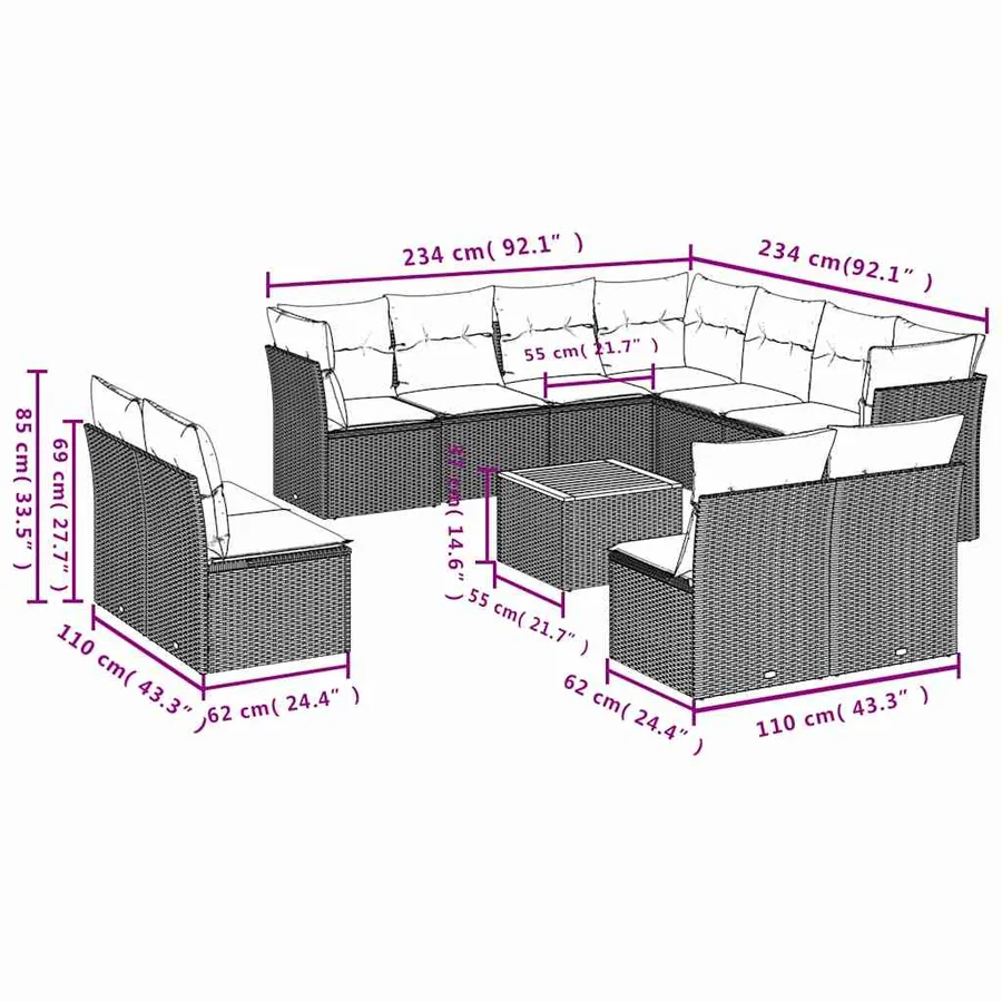 Salon de jardin 12 pcs avec coussins noir résine tressée - 10