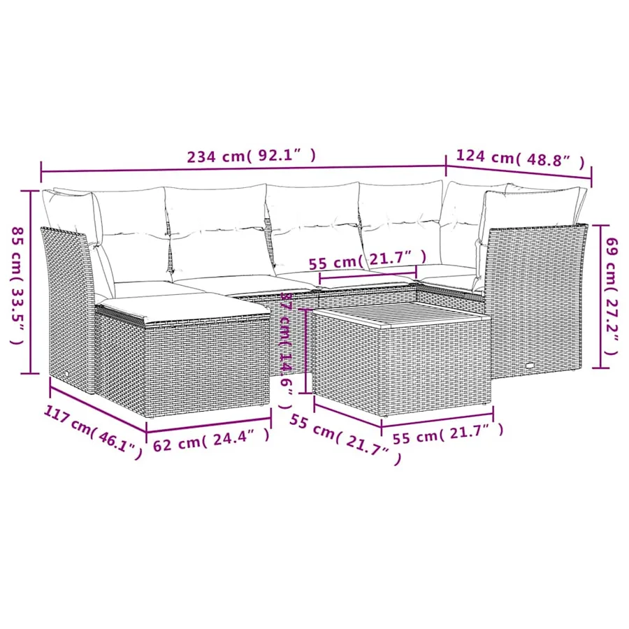 Salon de jardin 7 pcs avec coussins noir résine tressée 62 x 62 x 69 cm - 58,4 kg - 11