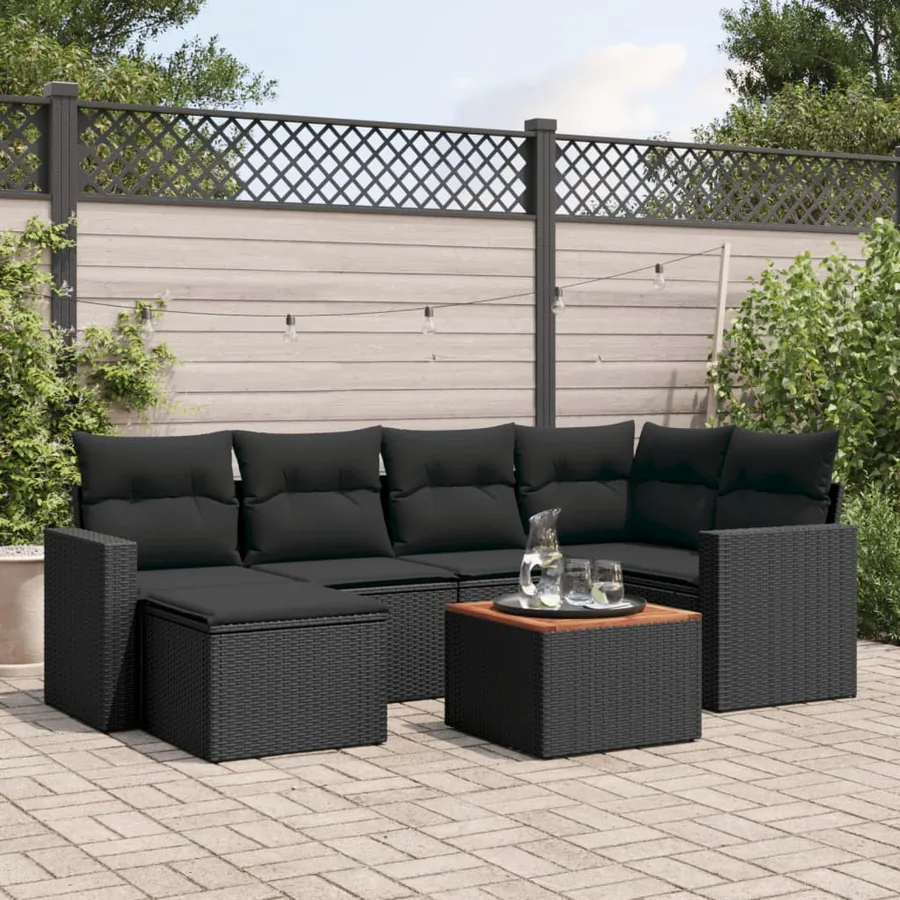 Salon de jardin 7 pcs avec coussins noir résine tressée 62 x 62 x 69 cm - 57,0 kg