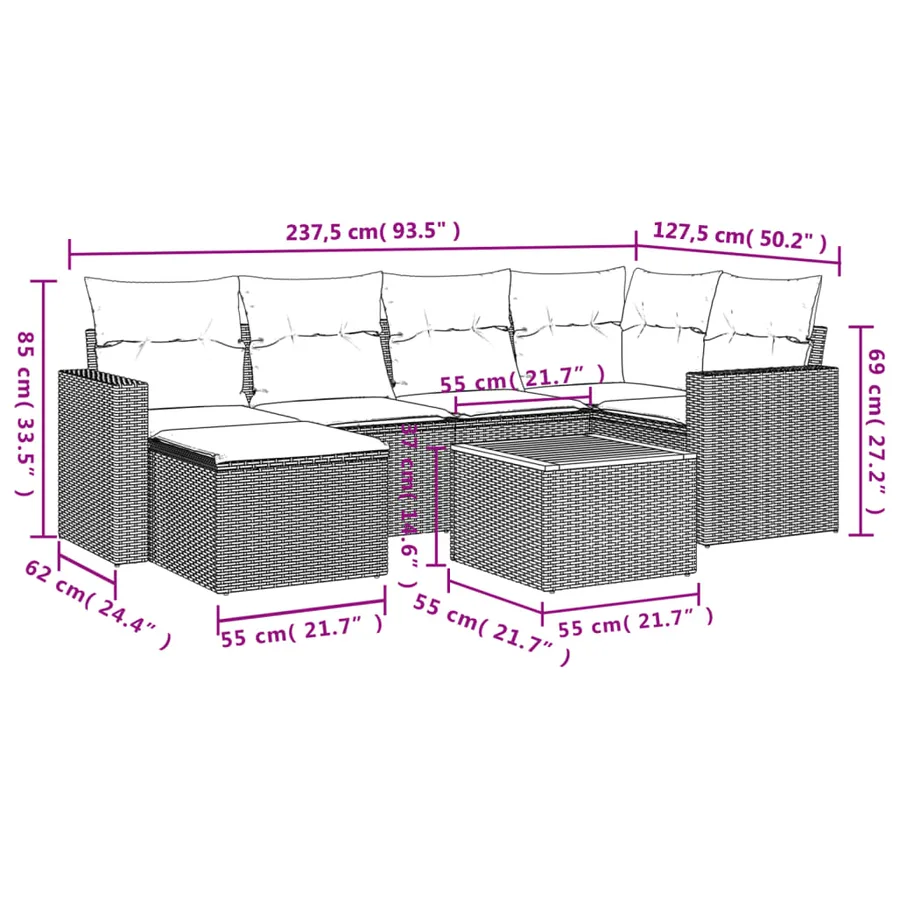 Salon de jardin 7 pcs avec coussins noir résine tressée 62 x 62 x 69 cm - 57,0 kg - 14