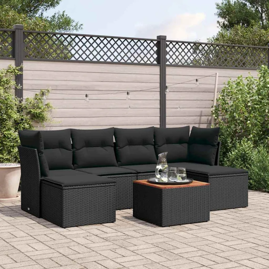 Salon de jardin 7 pcs avec coussins noir résine tressée 62 x 62 x 69 cm - 55,2 kg