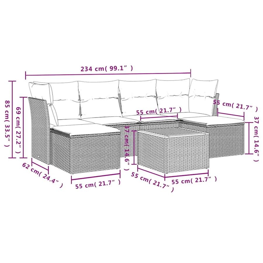 Salon de jardin 7 pcs avec coussins noir résine tressée 62 x 62 x 69 cm - 55,2 kg - 11