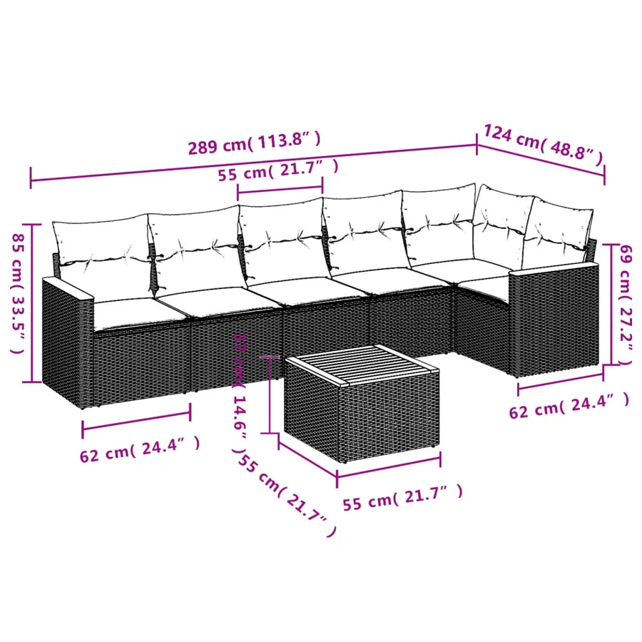 Salon de jardin 7 pcs avec coussins noir résine tressée 62 x 62 x 69 cm - 59,2 kg - 3