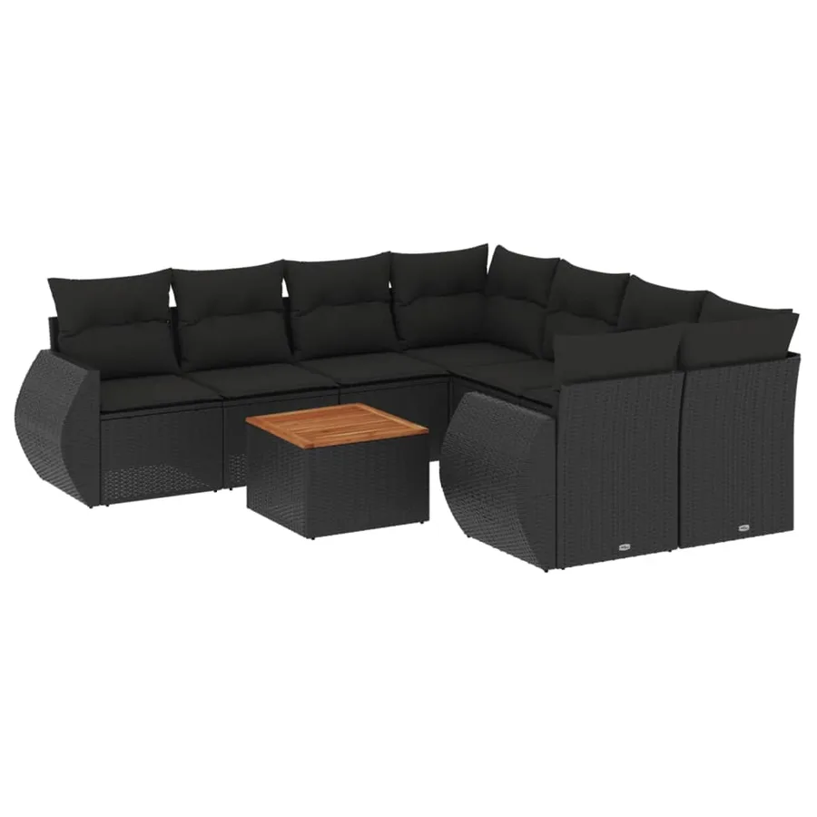 Salon de jardin 9 pcs avec coussins noir résine tressée - 2
