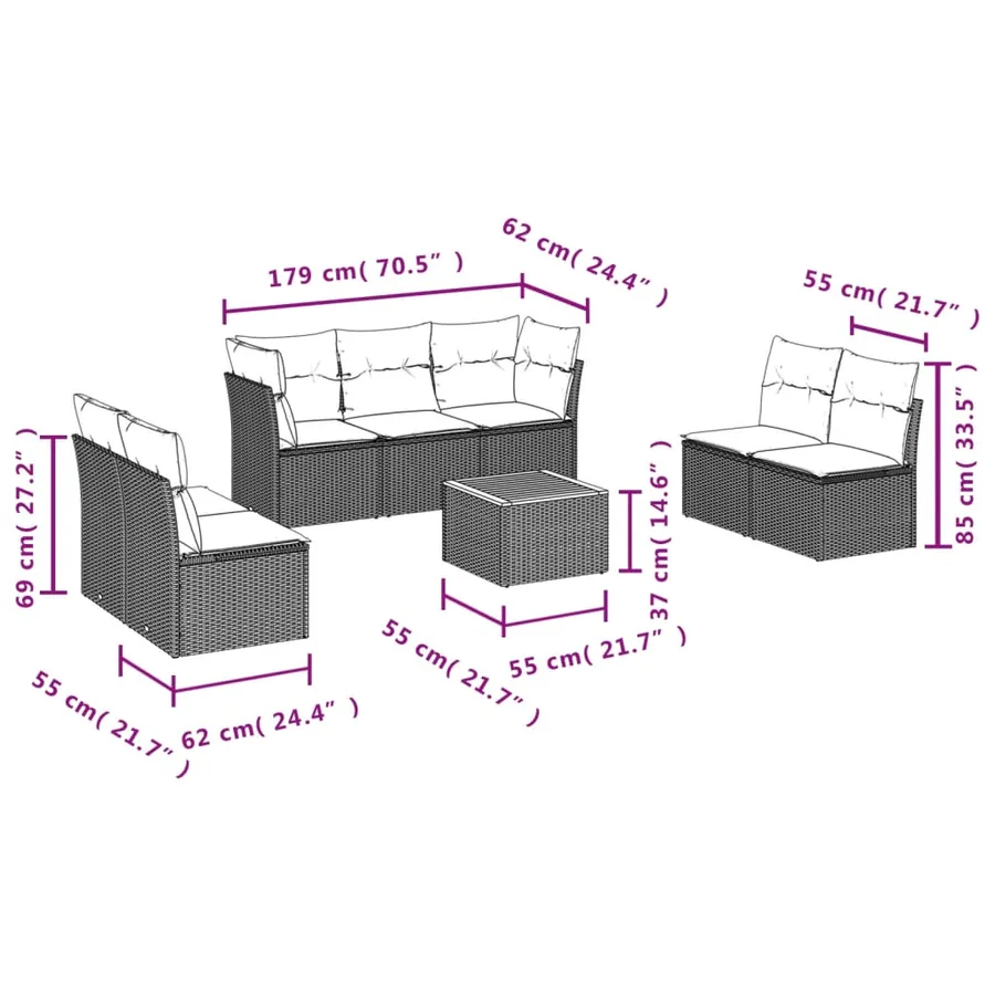 Salon de jardin 8 pcs avec coussins noir résine tressée - 10