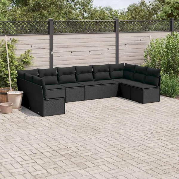 Salon de jardin 10 pcs avec coussins noir résine tressée