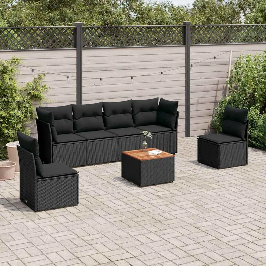 Salon de jardin 7 pcs avec coussins noir résine tressée 62 x 62 x 69 cm - 57,0 kg
