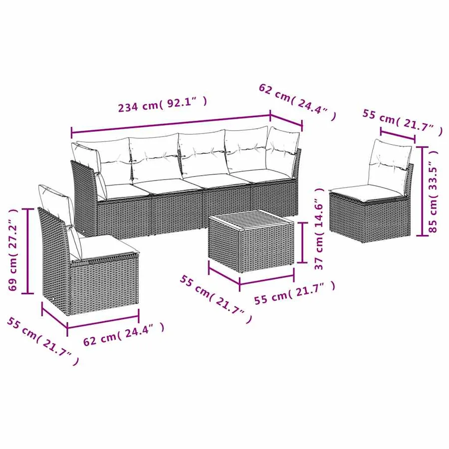 Salon de jardin 7 pcs avec coussins noir résine tressée 62 x 62 x 69 cm - 57,0 kg - 10