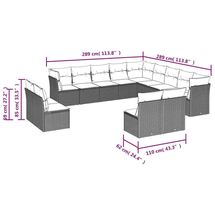 Salon de jardin avec coussins 13 pcs noir résine tressée - 3