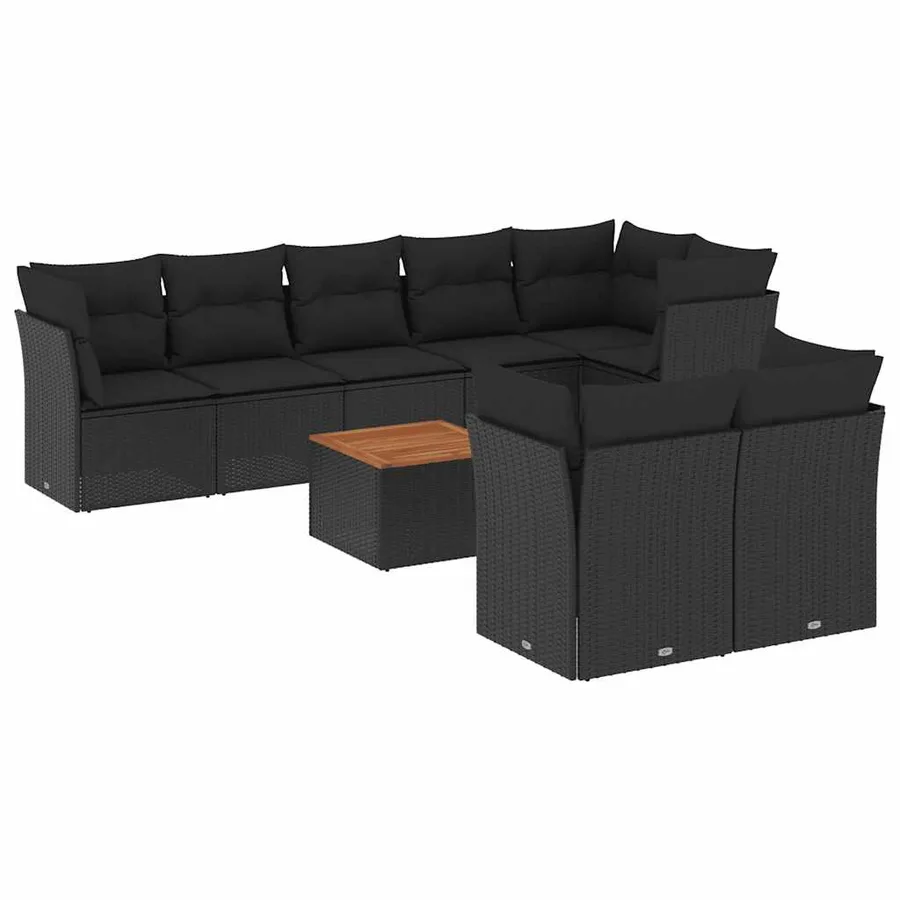 Salon de jardin 9 pcs avec coussins noir résine tressée - 2