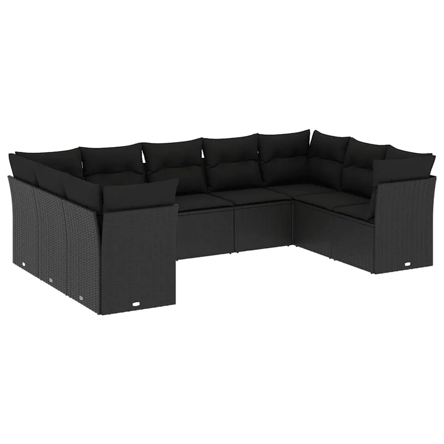 Salon de jardin 9 pcs avec coussins noir résine tressée - 2
