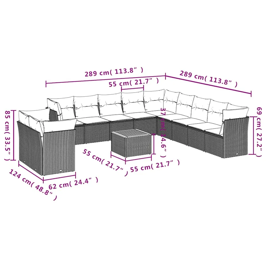 Salon de jardin 12 pcs avec coussins noir résine tressée - 10