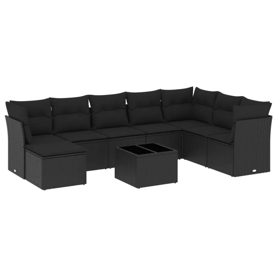 Salon de jardin 9 pcs avec coussins noir résine tressée - 2