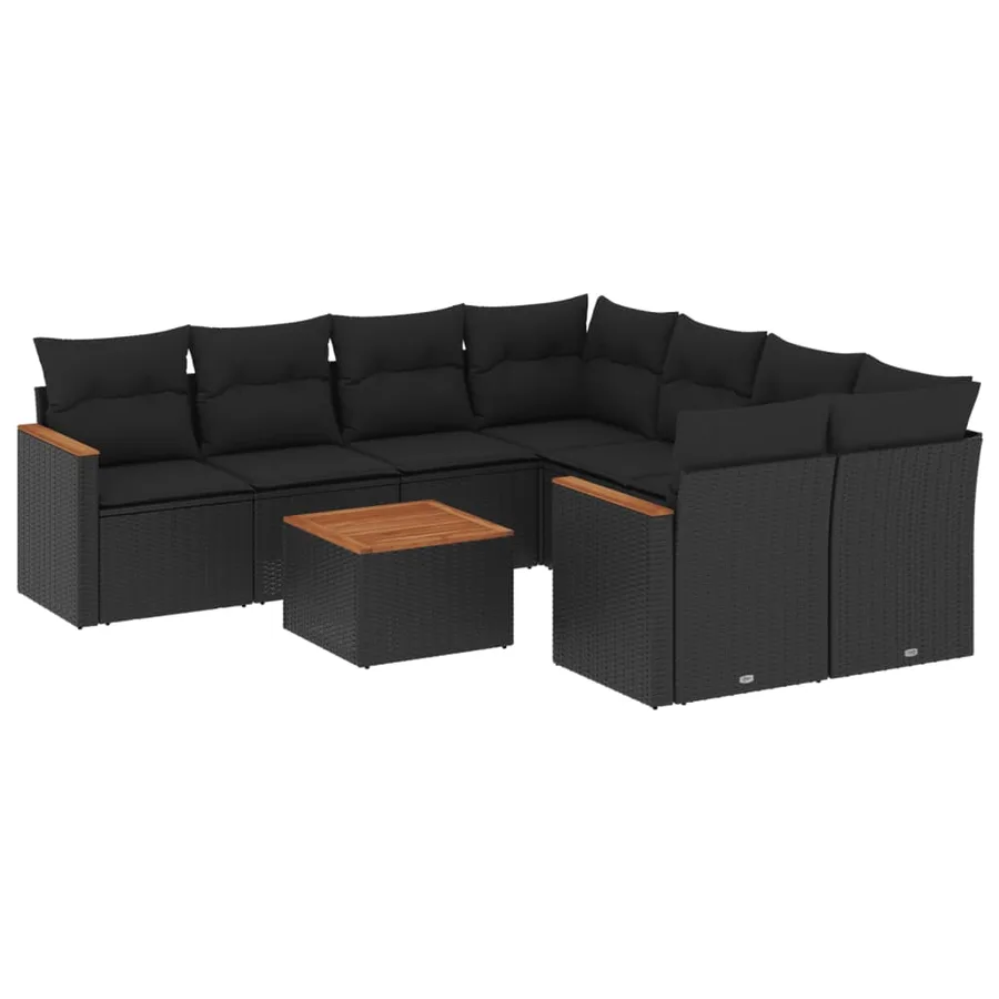 Salon de jardin 9 pcs avec coussins noir résine tressée - 2