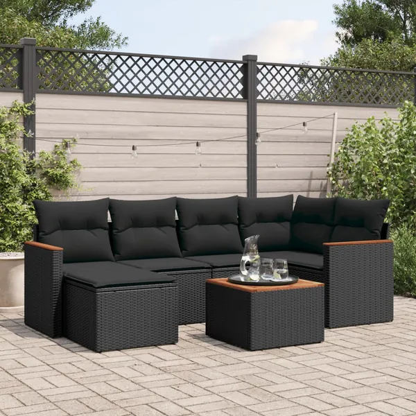 Salon de jardin 7 pcs avec coussins noir résine tressée 62 x 62 x 69 cm - 57,6 kg