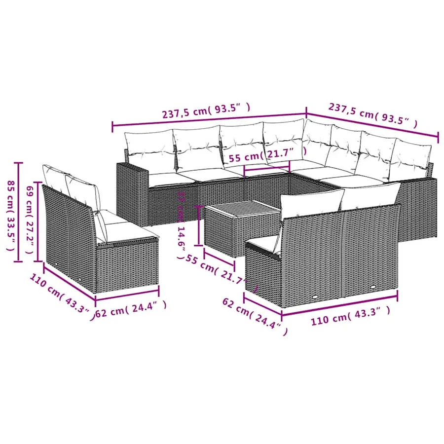 Salon de jardin 12 pcs avec coussins noir résine tressée - 12