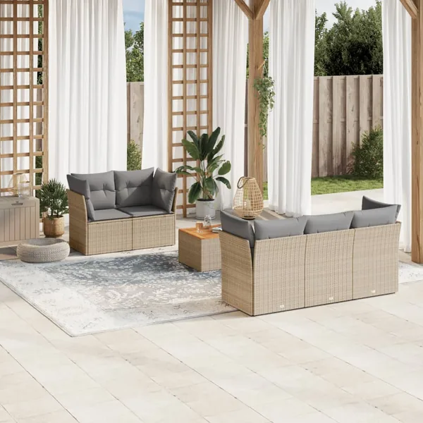 Ensemble de canapé de jardin 6 pcs avec coussins en rotin synthétique beige