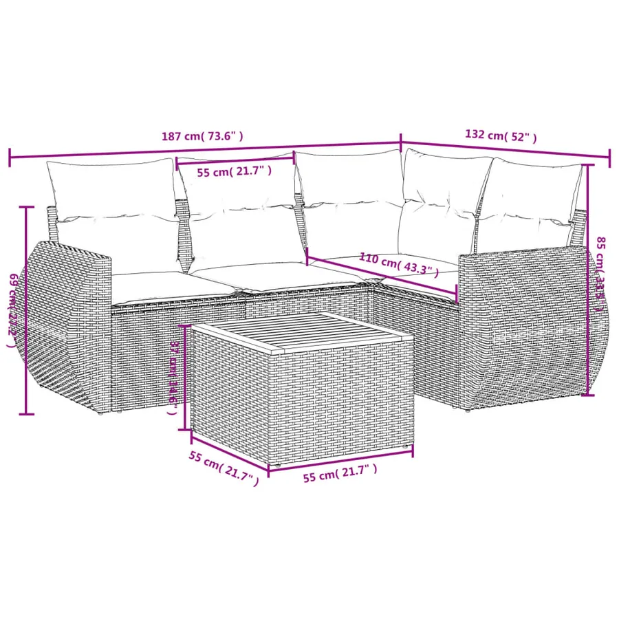 Salon de jardin avec coussins 5 pcs beige résine tressée - 8