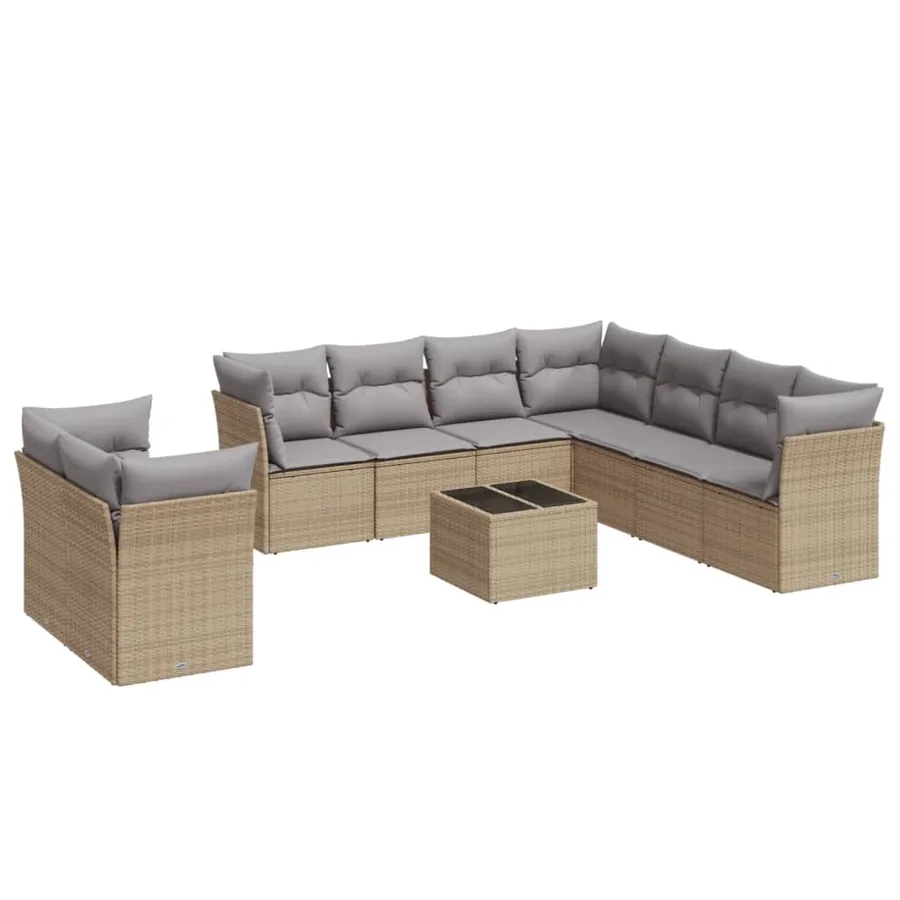 Salon de jardin avec coussins 10 pcs beige résine tressée - 2