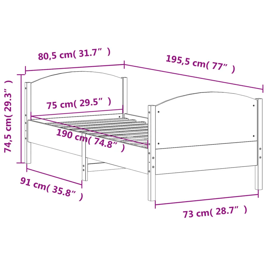 Cadre de lit sans matelas 75x190 cm bois de pin massif - 9