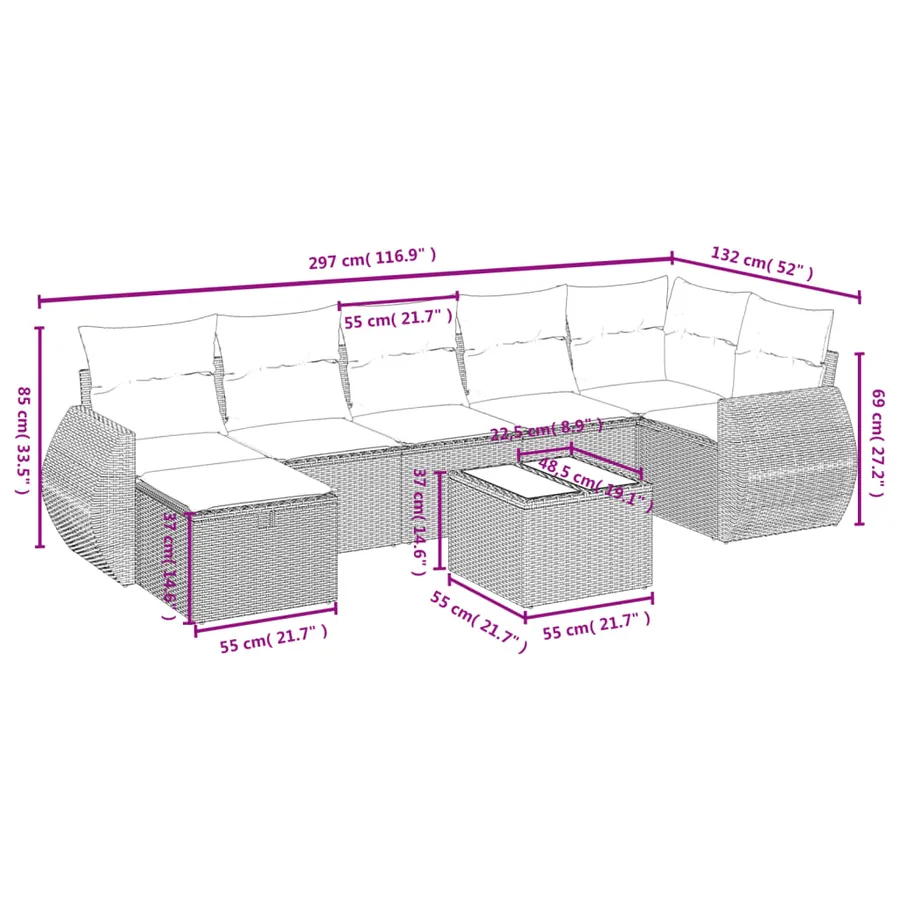 Salon de jardin 8 pcs avec coussins gris résine tressée - 4