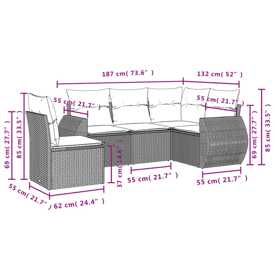 Salon de jardin 5 pcs avec coussins gris résine tressée - 7