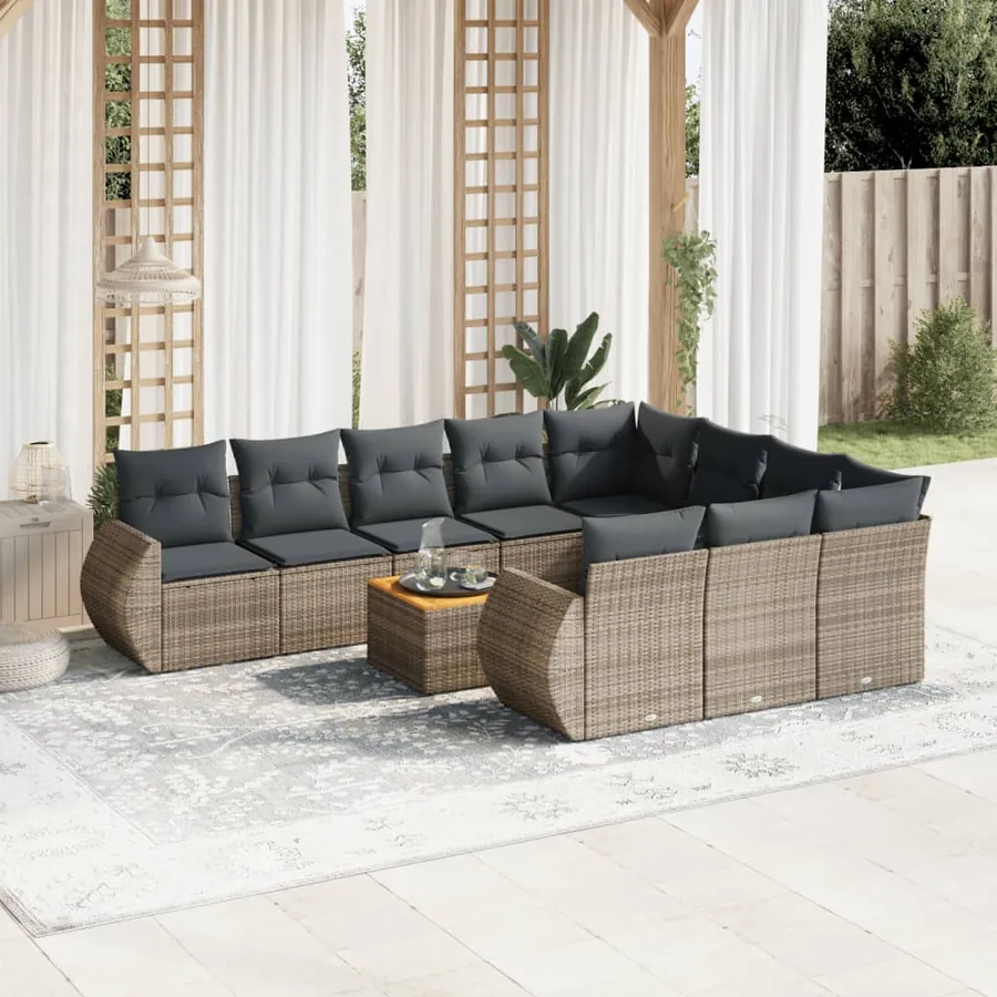 Salon de jardin 11 pcs avec coussins gris résine tressée