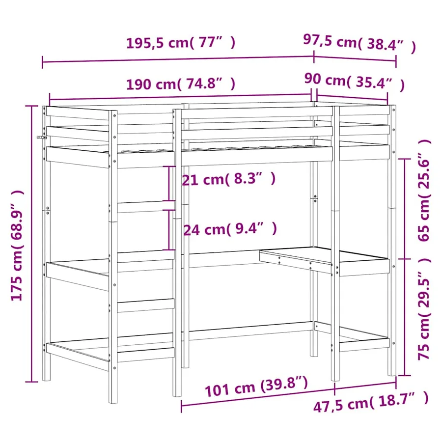 Lit superposé sans matelas blanc 90x190 cm bois de pin massif - 10
