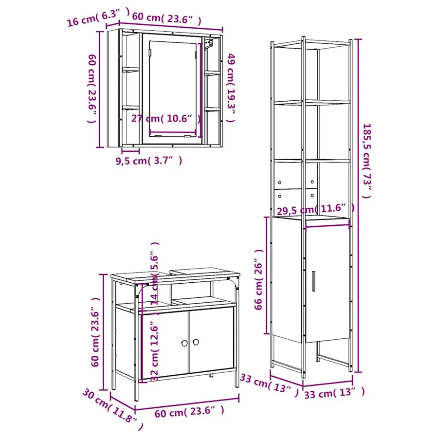 Ensemble d'armoires salle de bain 3 pcs noir bois d'ingénierie - 13