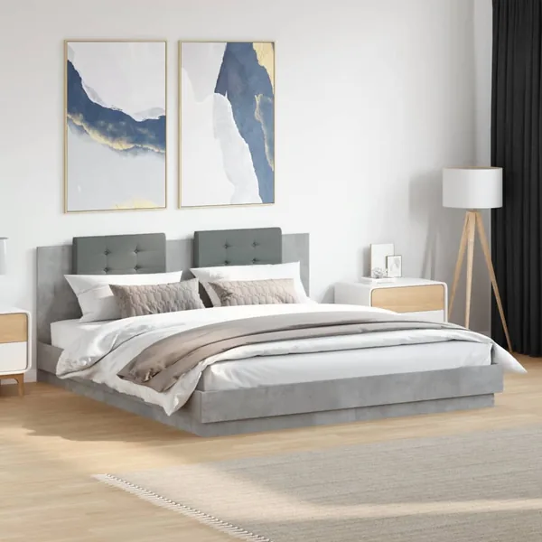 Cadre de lit avec LED sans matelas gris béton 200x200 cm