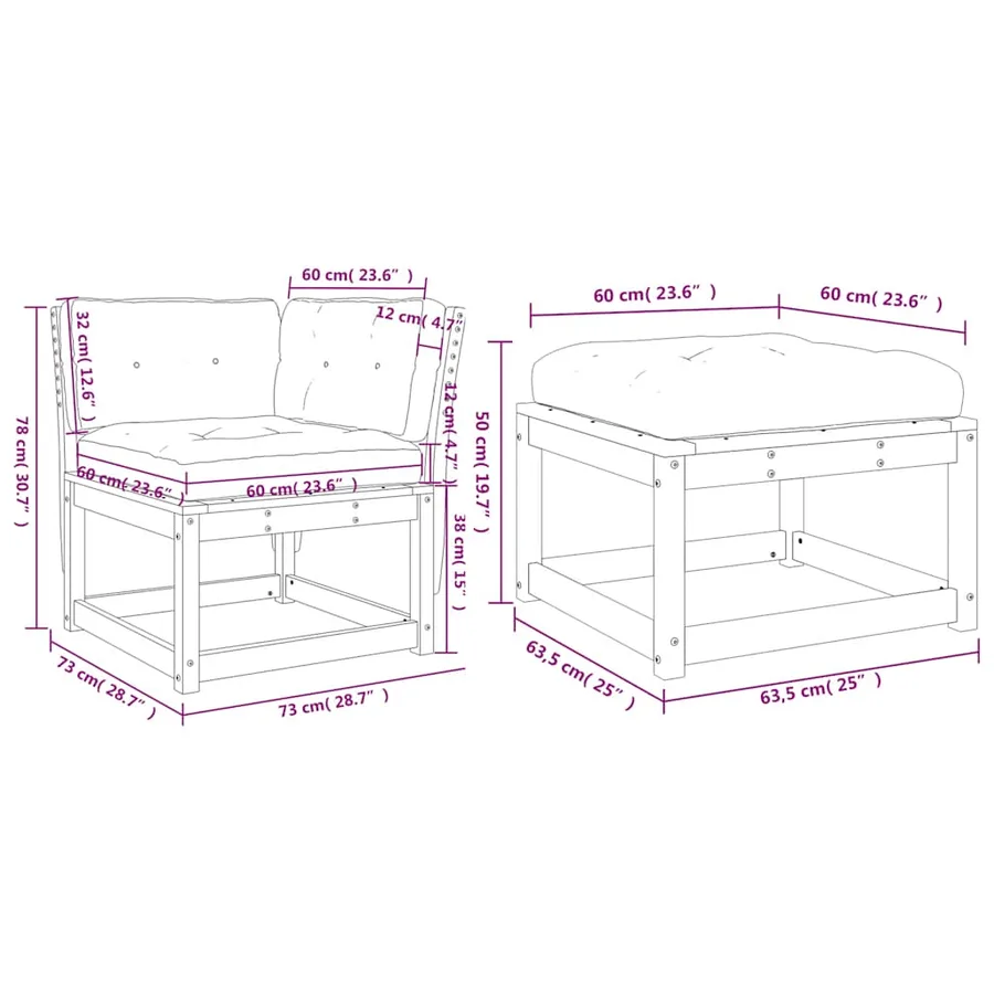 Salon de jardin 3 pcs avec coussins bois de pin massif - 9