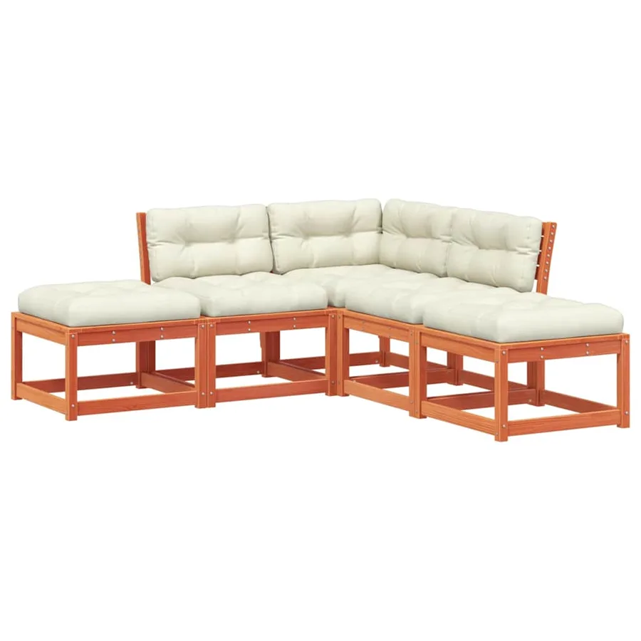 Salon de jardin 5 pcs avec coussins cire marron bois pin massif - 2
