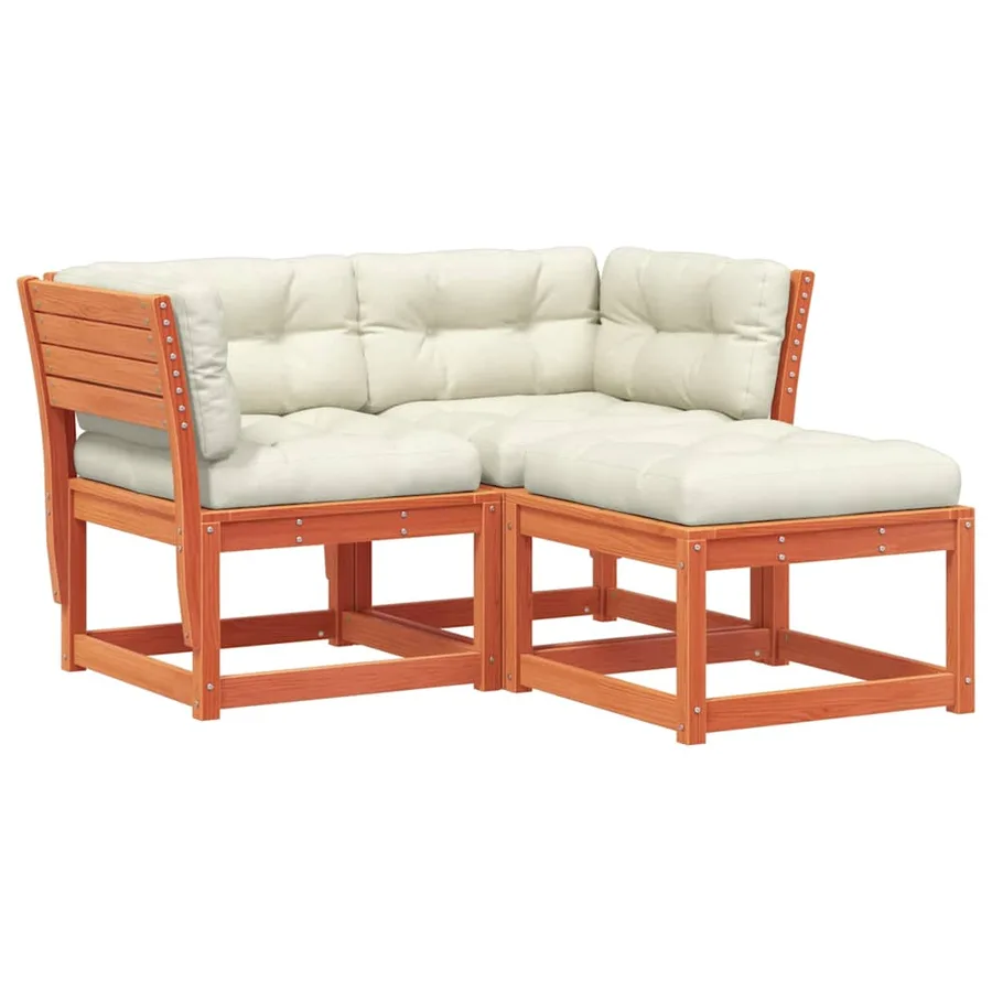 Salon de jardin 3 pcs avec coussins cire marron bois pin massif - 2