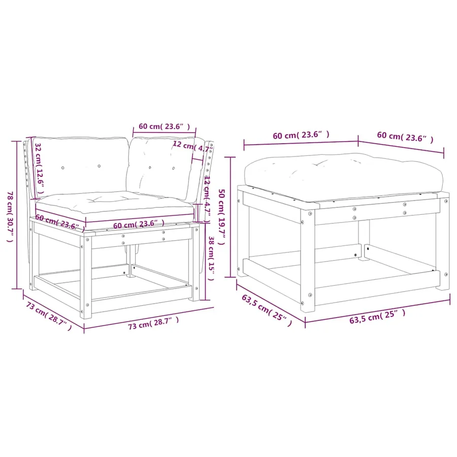 Salon de jardin 3 pcs avec coussins cire marron bois pin massif - 9