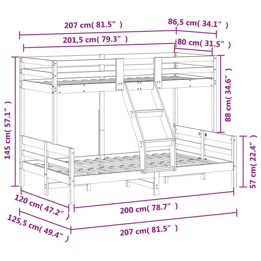 Lit superposé sans matelas 80x200/120x200 cm bois massif - 9