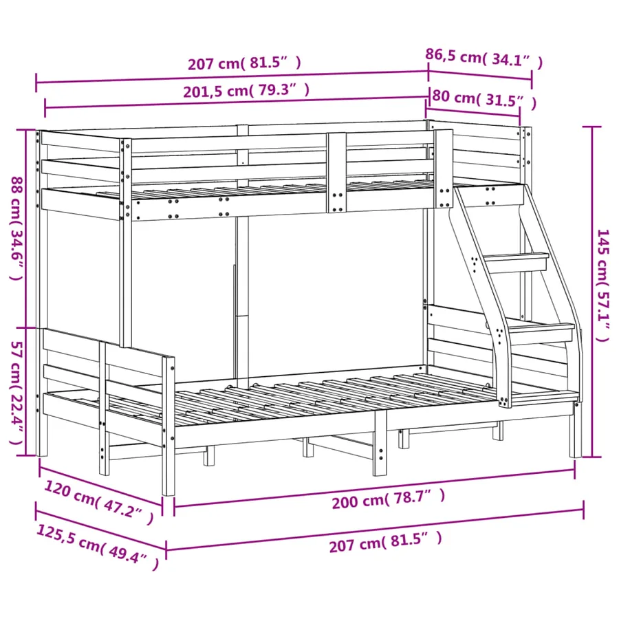 Lit superposé sans matelas 80x200/120x200 cm bois massif - 10