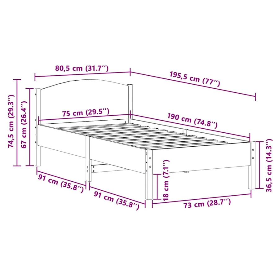 Cadre de lit sans matelas 75x190 cm bois de pin massif - 9