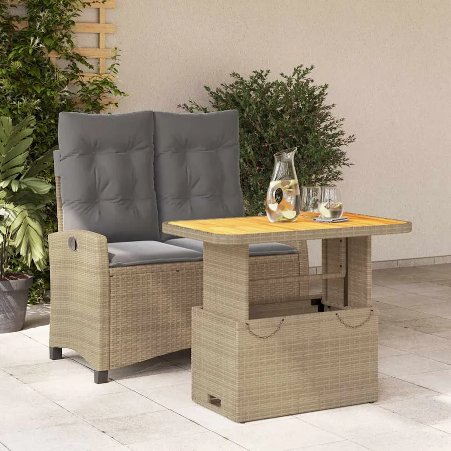 Ensemble à manger de jardin et coussins 2 pcs beige poly rotin