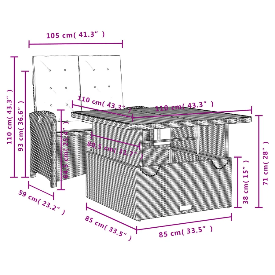 Ensemble à manger de jardin et coussins 2 pcs gris rotin - 8