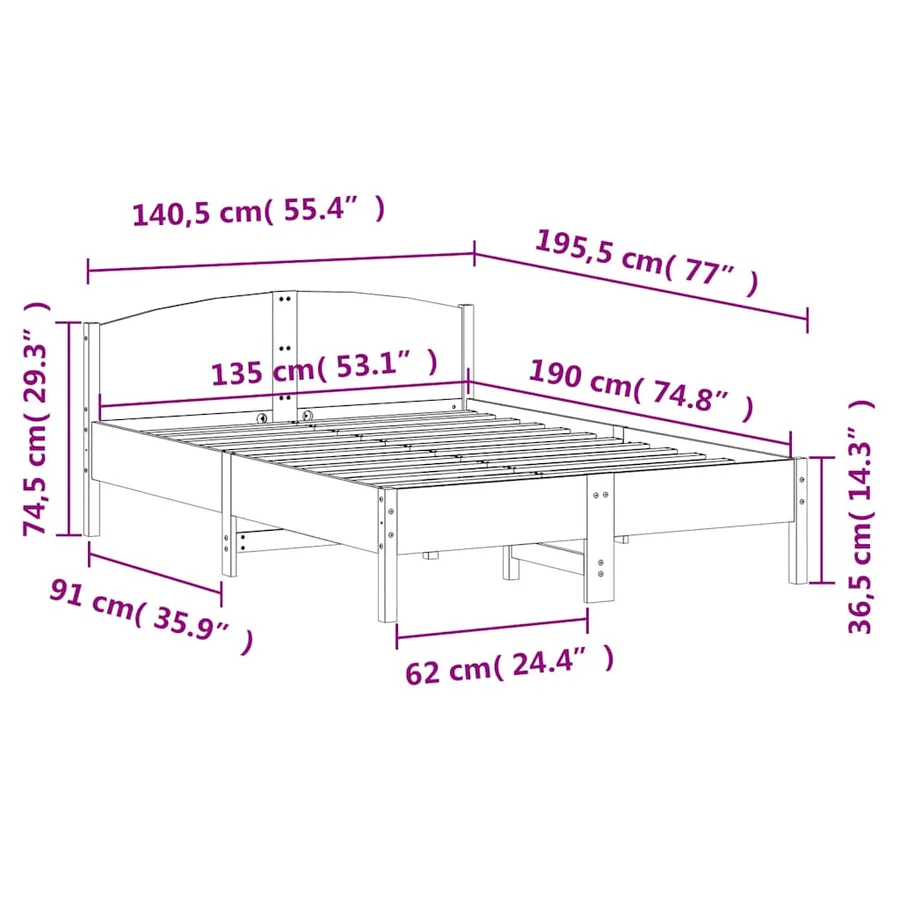 Cadre de lit sans matelas blanc 135x190 cm bois de pin massif - 9