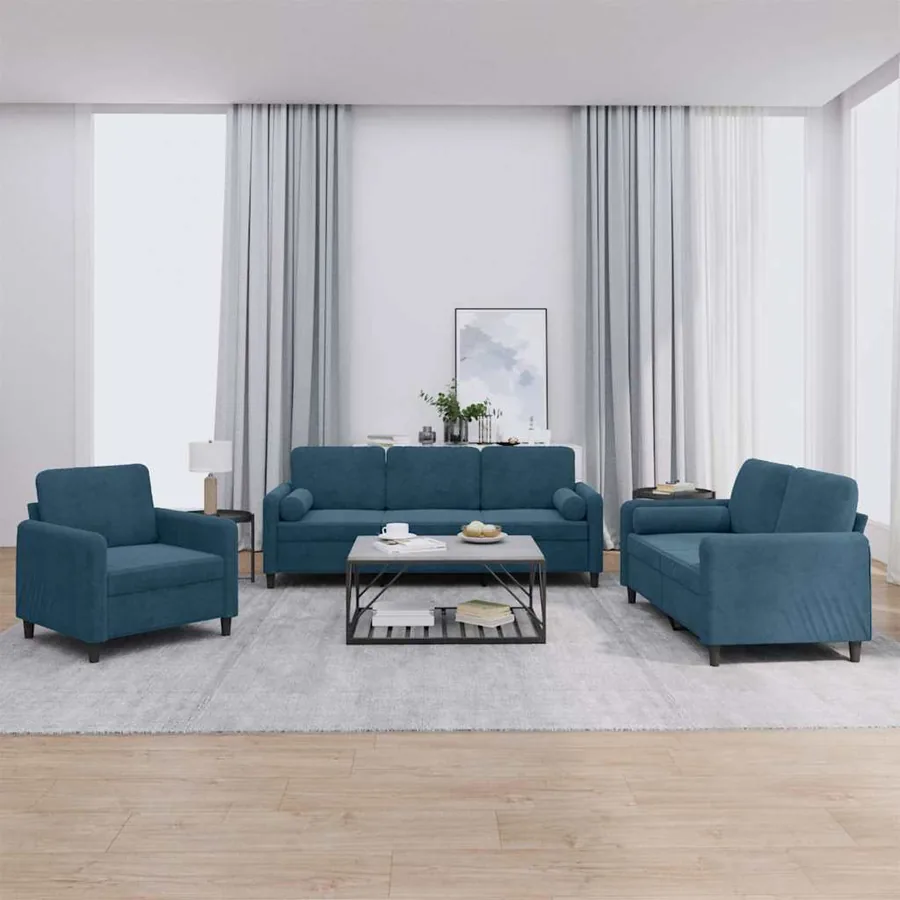 Ensemble de canapés 3 pcs avec coussins bleu velours