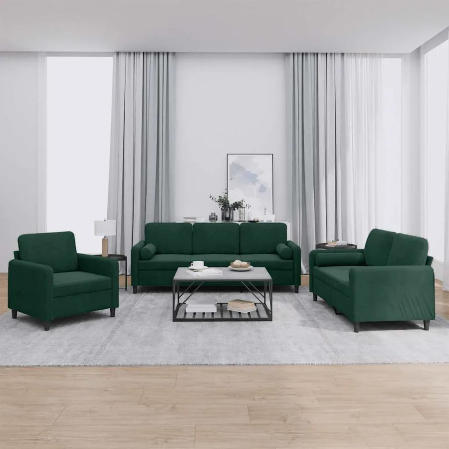 Ensemble de canapés 3 pcs avec coussins vert foncé velours