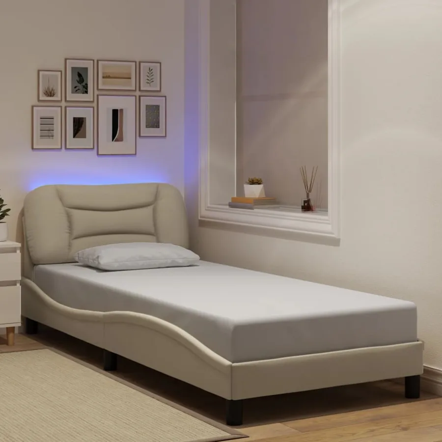 Cadre de lit avec LED sans matelas Hvar crème 90x190 cm tissu