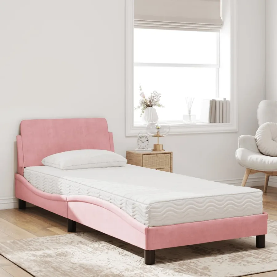 Lit avec matelas Dover rose 90x190 cm velours - 3