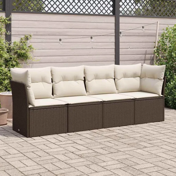 Salon de jardin 4 pcs avec coussins marron résine tressée