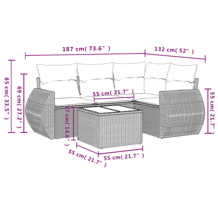 Salon de jardin 5 pcs avec coussins gris résine tressée - 3