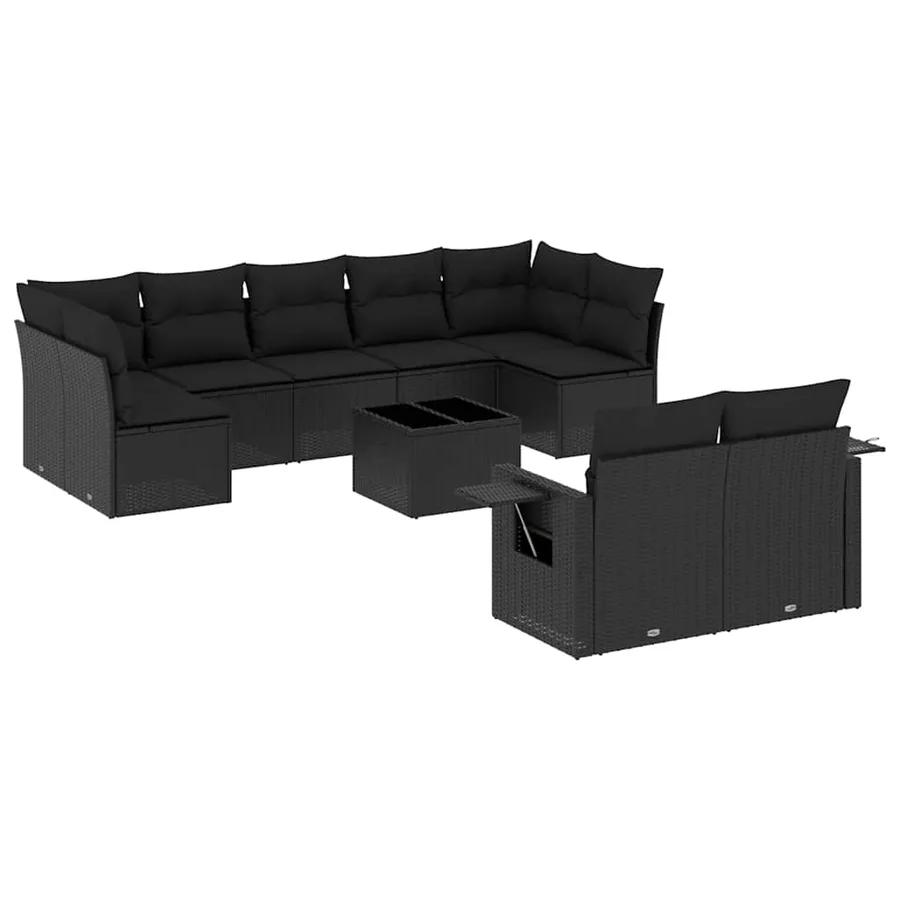 Salon de jardin 10 pcs avec coussins noir résine tressée - 2