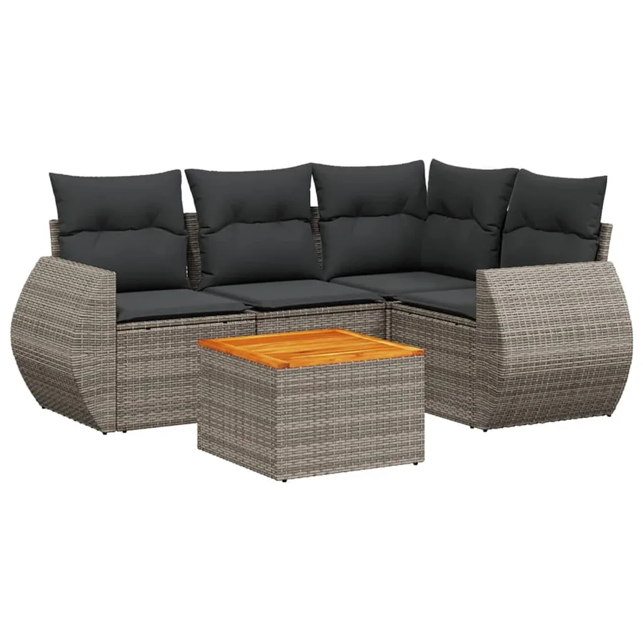 Salon de jardin 5 pcs avec coussins gris résine tressée - 2